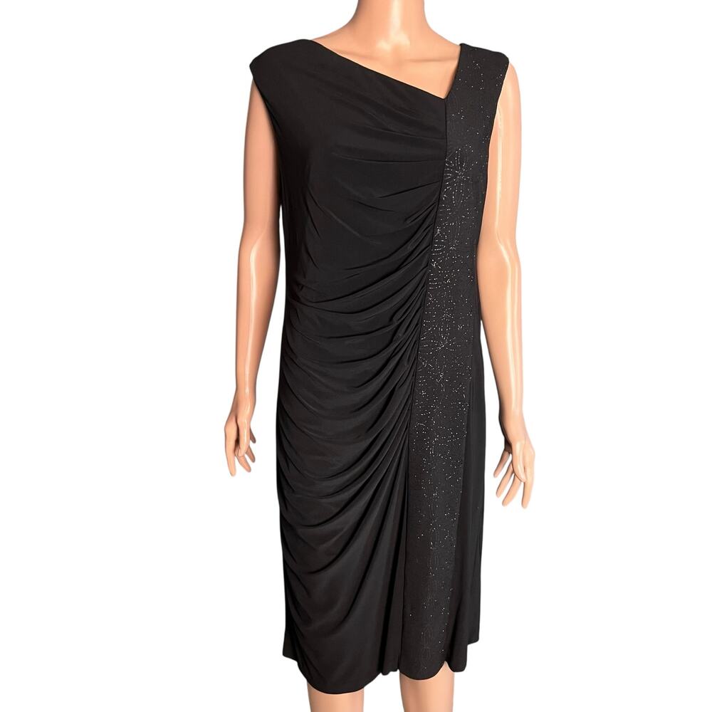 R & M Richards Cocktail Party Black Dress  14 Glittery Ruched Asymmetrical Neck